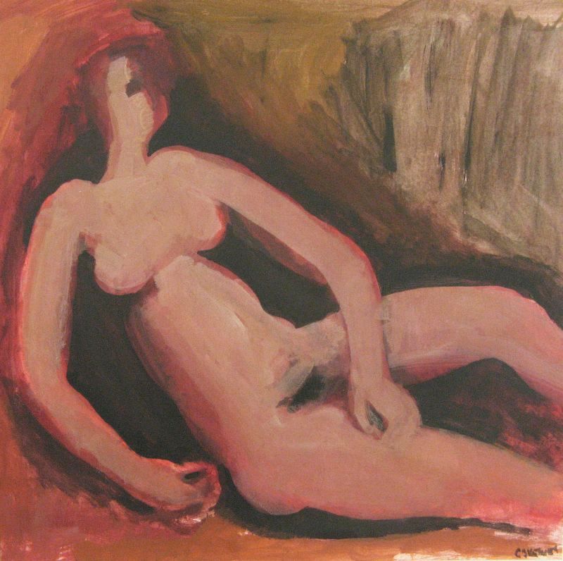 Click the image for a view of: Cecil Skotnes. Untitled (female nude). Oil on cardboard.437X439mm